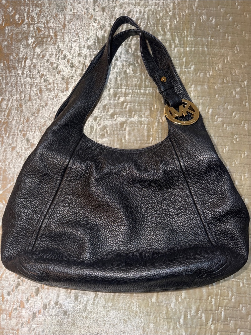 Michael Kors Black Pebbled Leather Hobo with Gold MK Charm